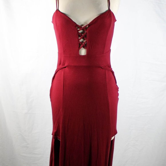 NWT Burgundy Cranberry Maxi Dress with Slits and Cross Stitch Cleavage - Picture 9 of 16